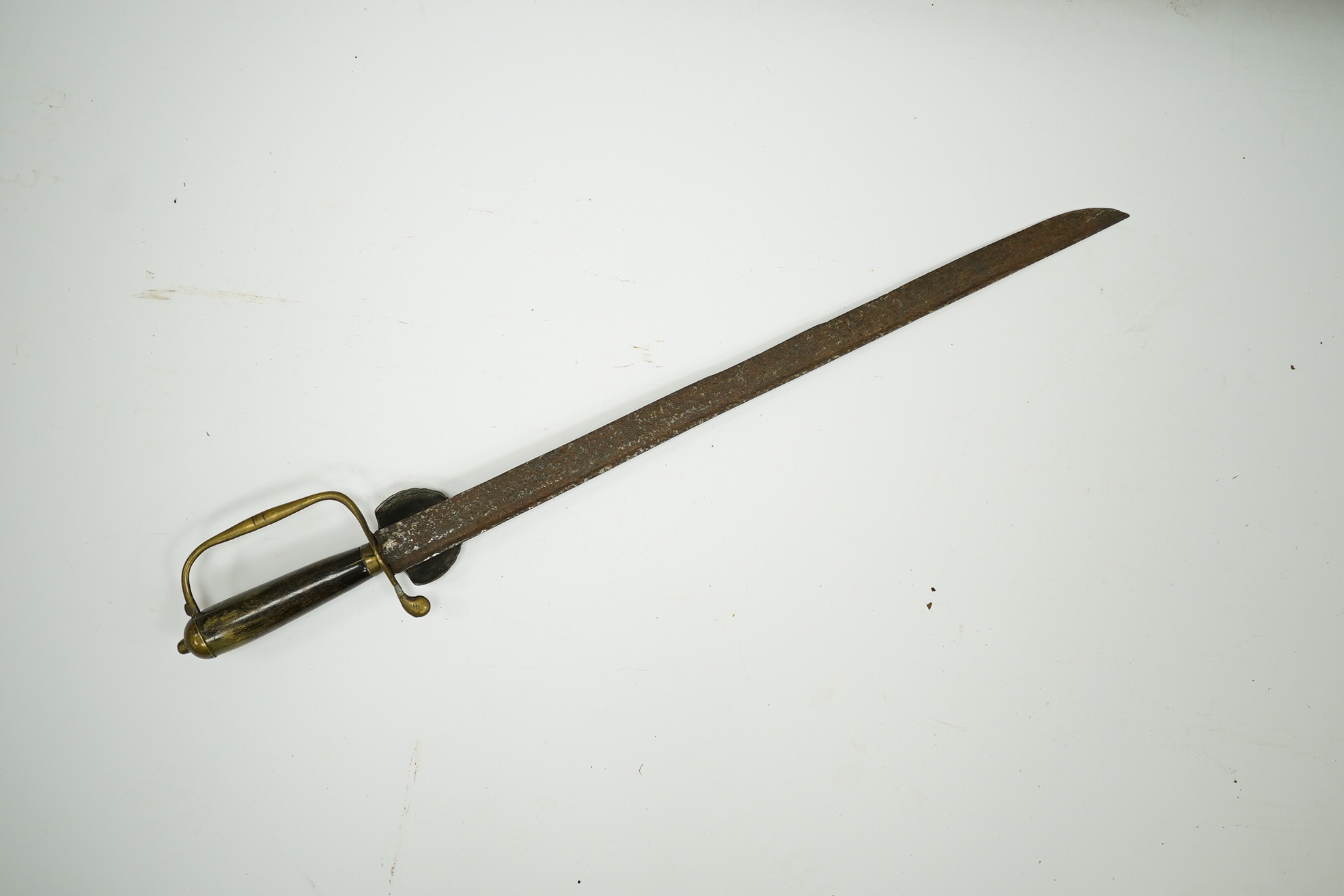 A horn gripped hunting short sword, brass hilt blade now heavily pitted, blade 45.5cm. Condition - poor